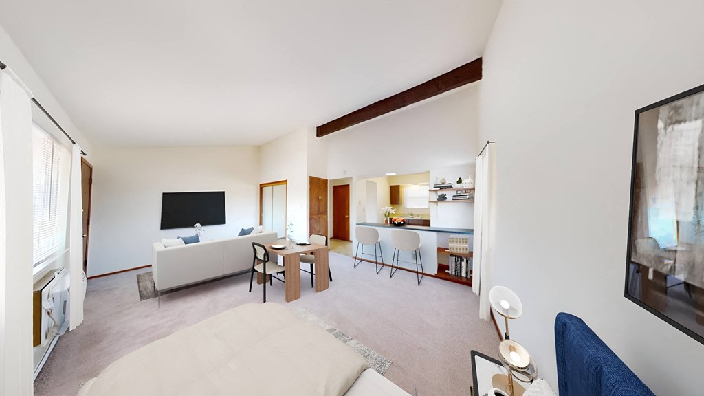 a living room and dining room with a couch and a table