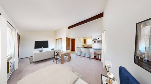 a living room and dining room with a couch and a table