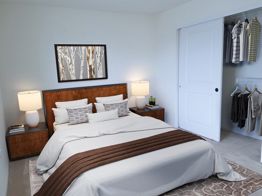 a bedroom with a bed and a closet