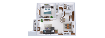 a 3d rendering of a bedroom and living room