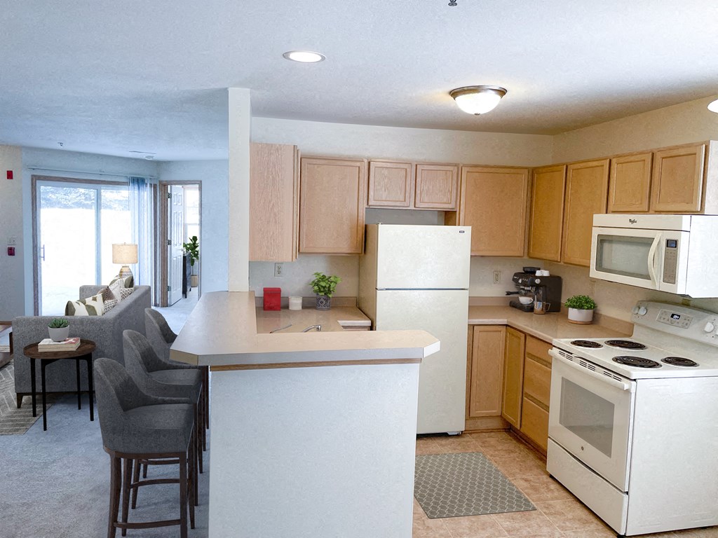 a kitchen with white appliances and a counter top