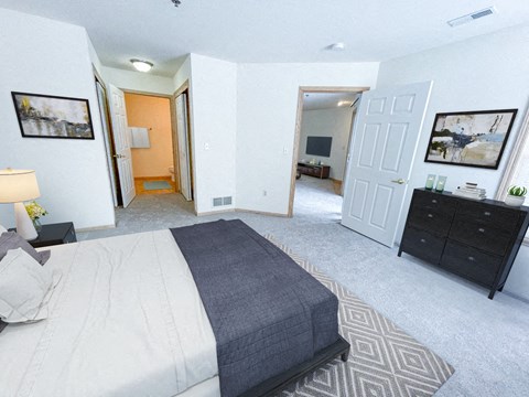 a bedroom with a bed and a closet