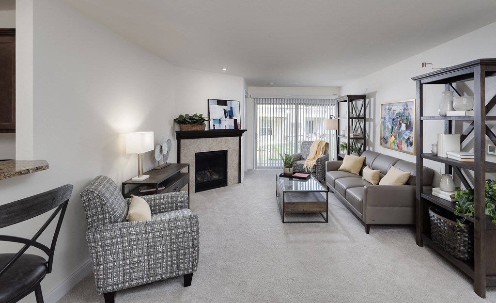 a living room with couches and chairs and a fireplace
