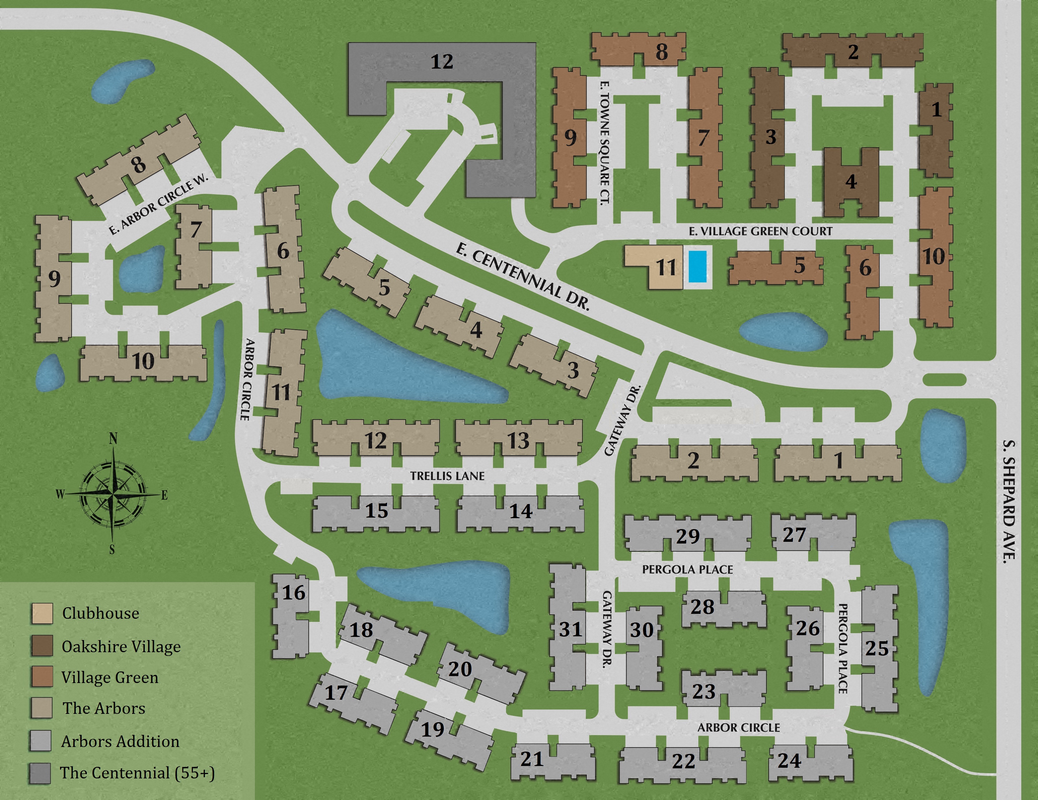 a map of a campus with buildings and a river