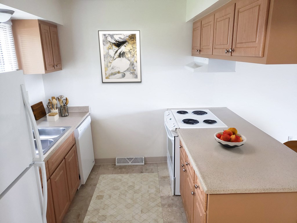 a kitchen with a sink and a stove and a counter with a bowl of fruit