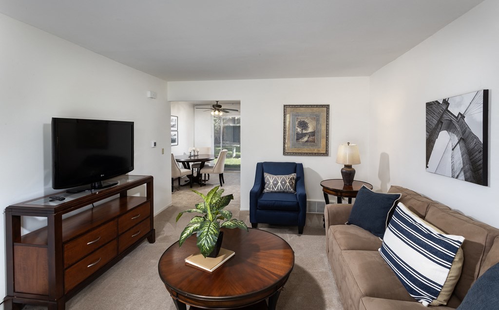 a living room with a couch and a table and a television