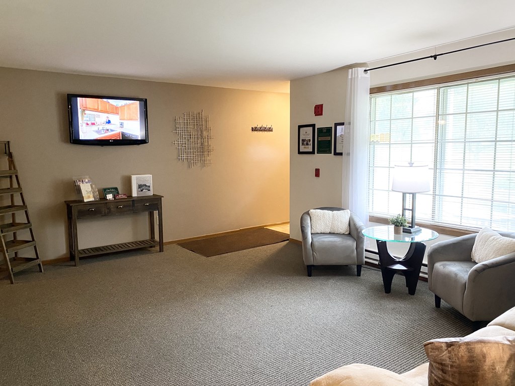 a living room with couches and chairs and a tv