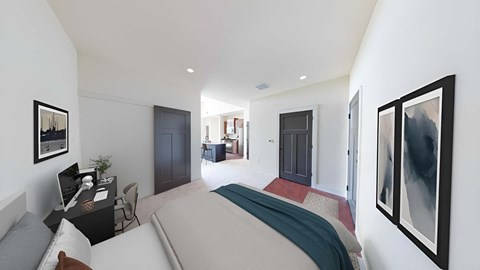 a bedroom with a bed and a door to a bathroom