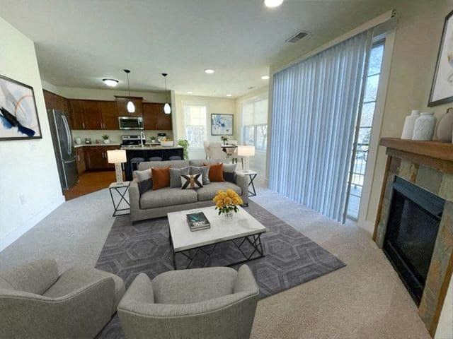 a living room with a couch and a table