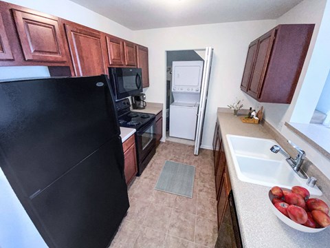 a kitchen with a black refrigerator and a sink