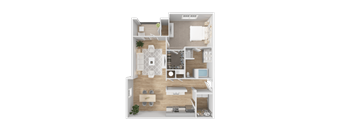 A 3D floor plan of a small apartment with a kitchen, living room, and bathroom.