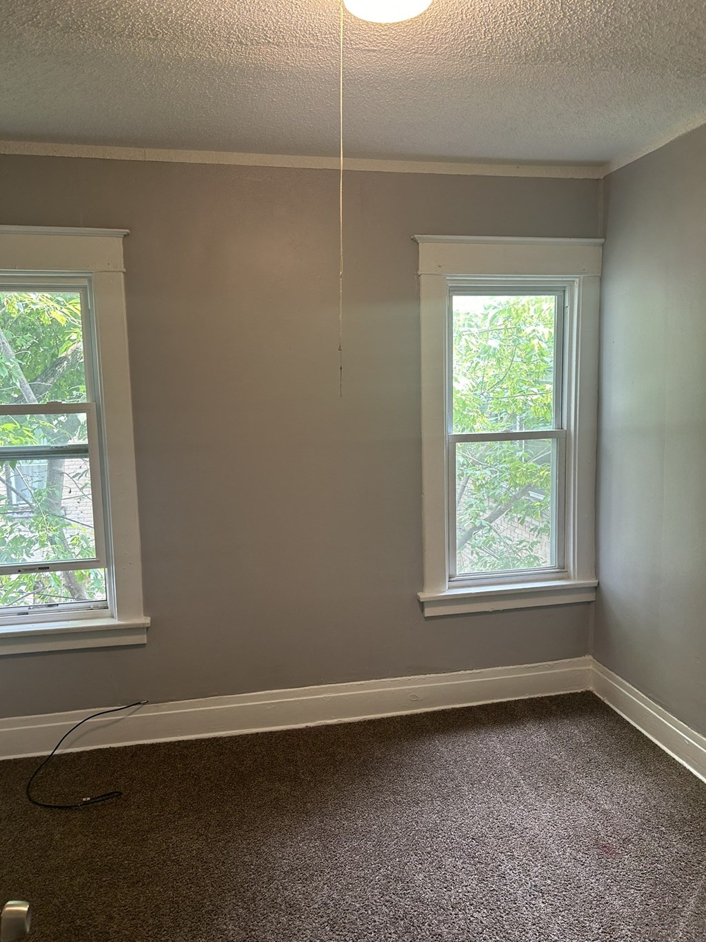 the corner of a room with two windows and a carpet