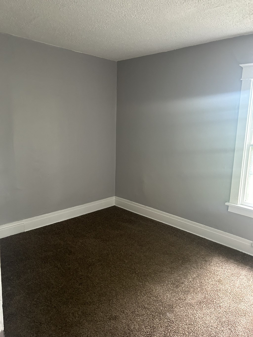 an empty room with gray walls and a brown carpet
