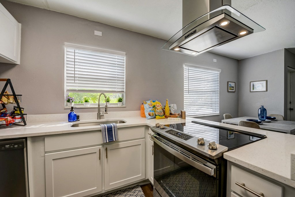 a kitchen with a sink and a stove and a window