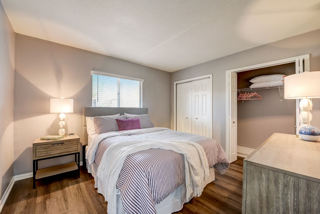 a bedroom with a bed and a closet