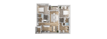 A detailed 3D floor plan of a house showing all rooms and furniture layout.