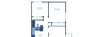 A floor plan of a home with two bedrooms, one of which is 11x14, a kitchen, and a desk with a chair.