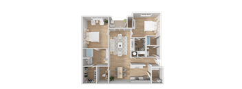 A detailed 3D floor plan of a modern apartment layout.