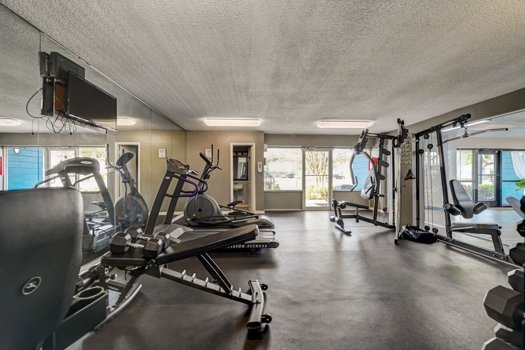 the gym has plenty of exercise equipment and a tv