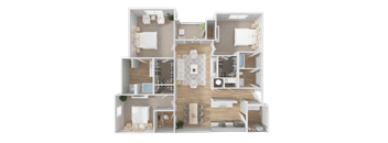 A 3D floor plan of a house with a kitchen, living room, dining room, and bedrooms.