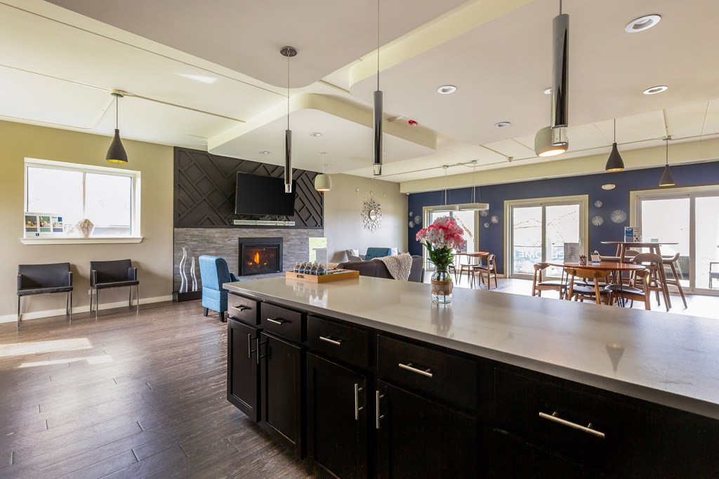 A kitchen with black cabinets and a wooden floor.