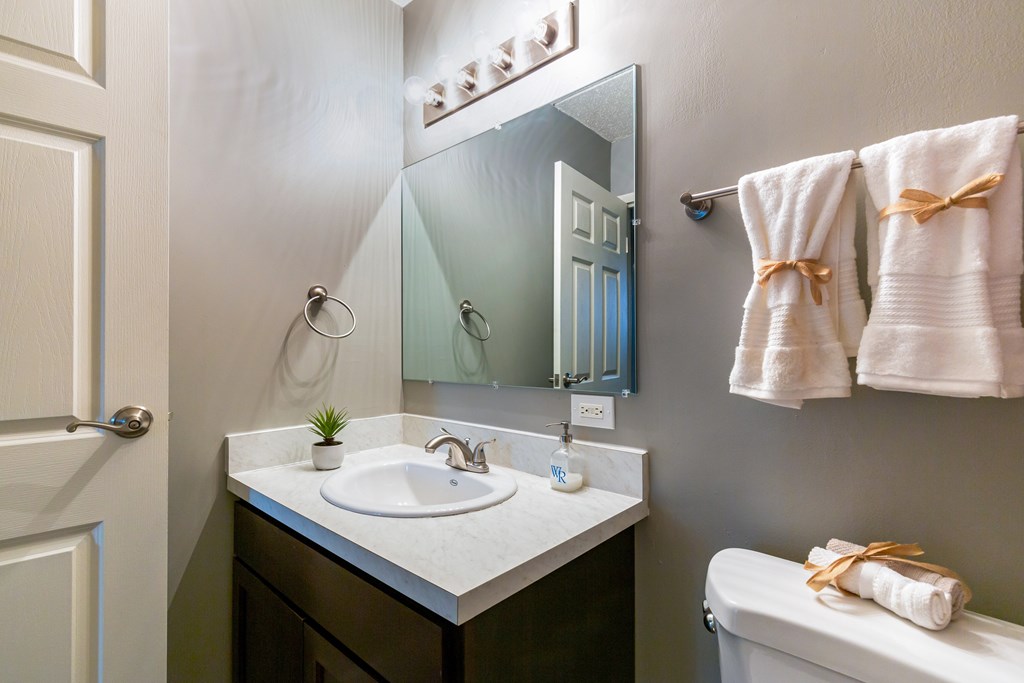 A bathroom with a white sink and a mirror above it.