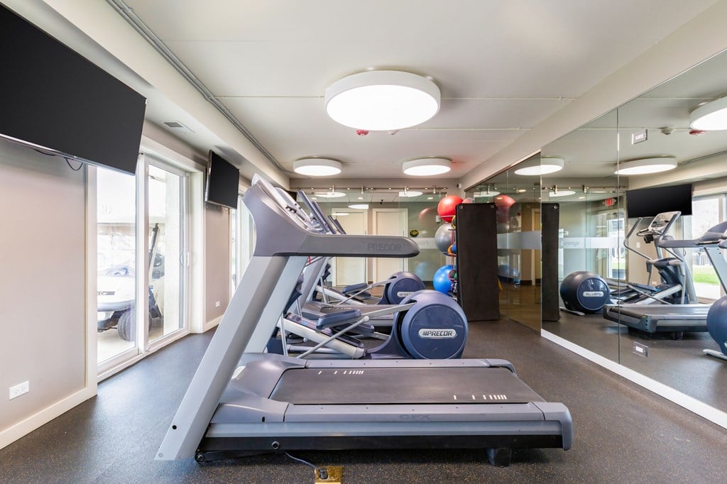 A treadmill is in the middle of a room with a mirror on the wall.