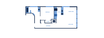 a floor plan of a room with an open floor plan with blue and white walls