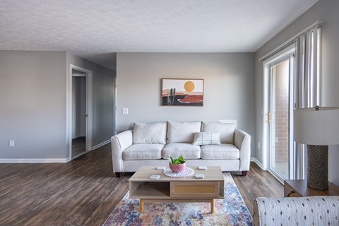 A living room with a white couch and a painting of a sunset on the wall.