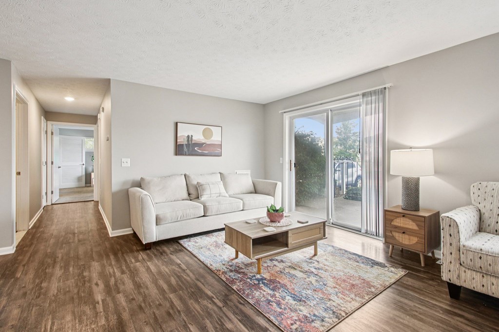 A living room with a white sofa, a wooden coffee table, and a patterned rug.
