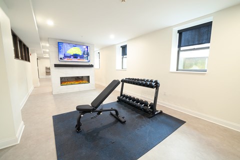 A black and white exercise machine in a room with a fireplace and a television.at The Annex Apartment, Buffalo, New York