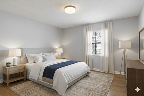 A bedroom with a bed, nightstands, and a window with curtains.