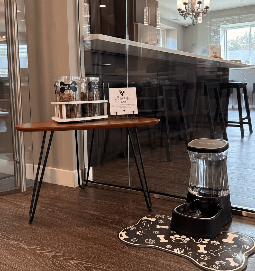 A blender is on a black and white patterned mat in front of a glass wall.