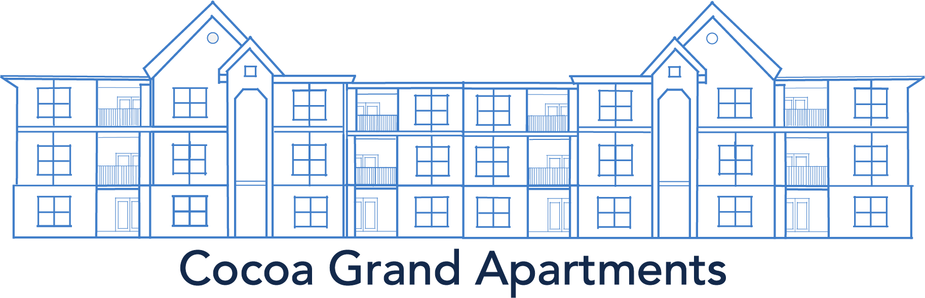A blue line drawing of a multi-story apartment building with the text "Cocoa Grand Apartments" below it.