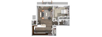 A top-down view of a small apartment with a kitchen, living room, and bathroom.