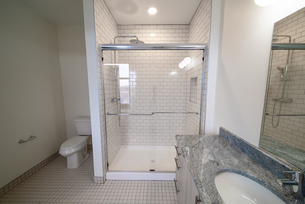 a bathroom with a shower and a sink and a toilet