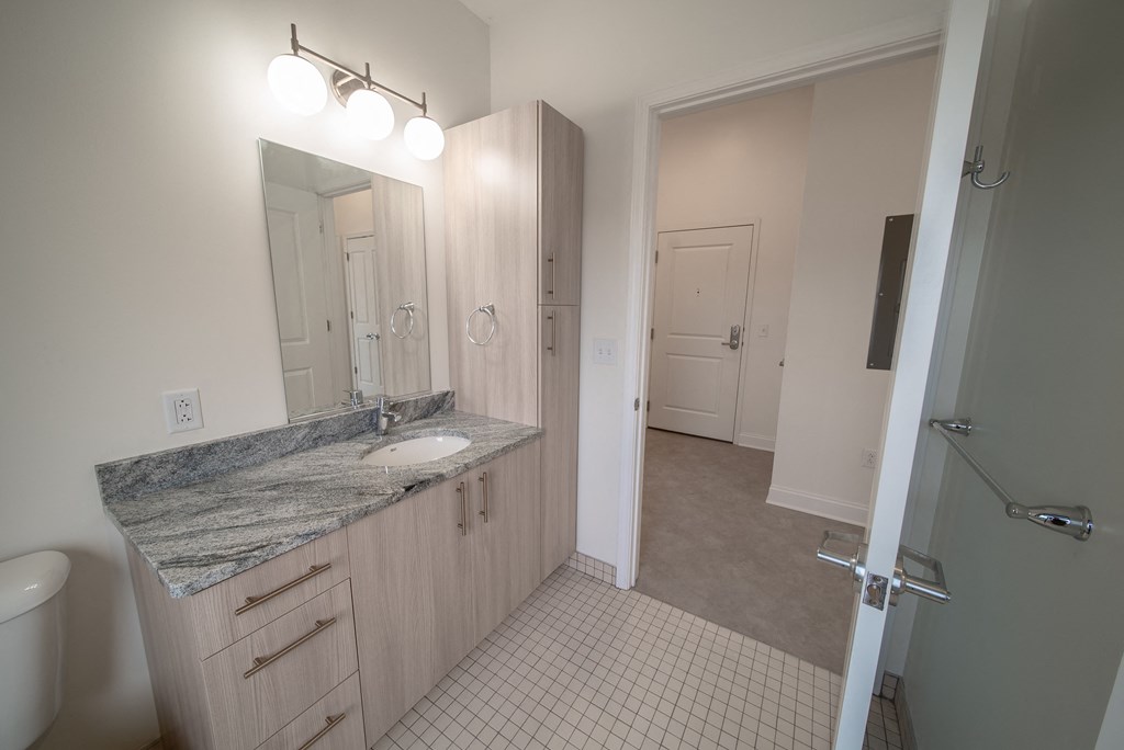 a bathroom with a sink and a mirror and a shower