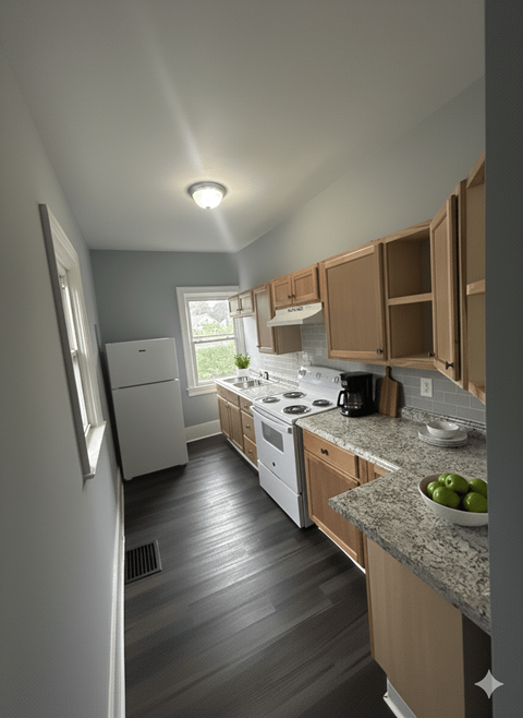A kitchen with wooden cabinets and a granite countertop.