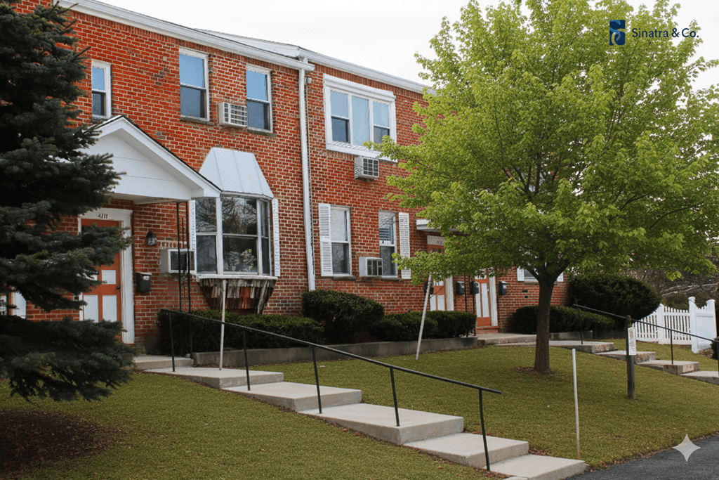 A red brick building with a tree in front of it.