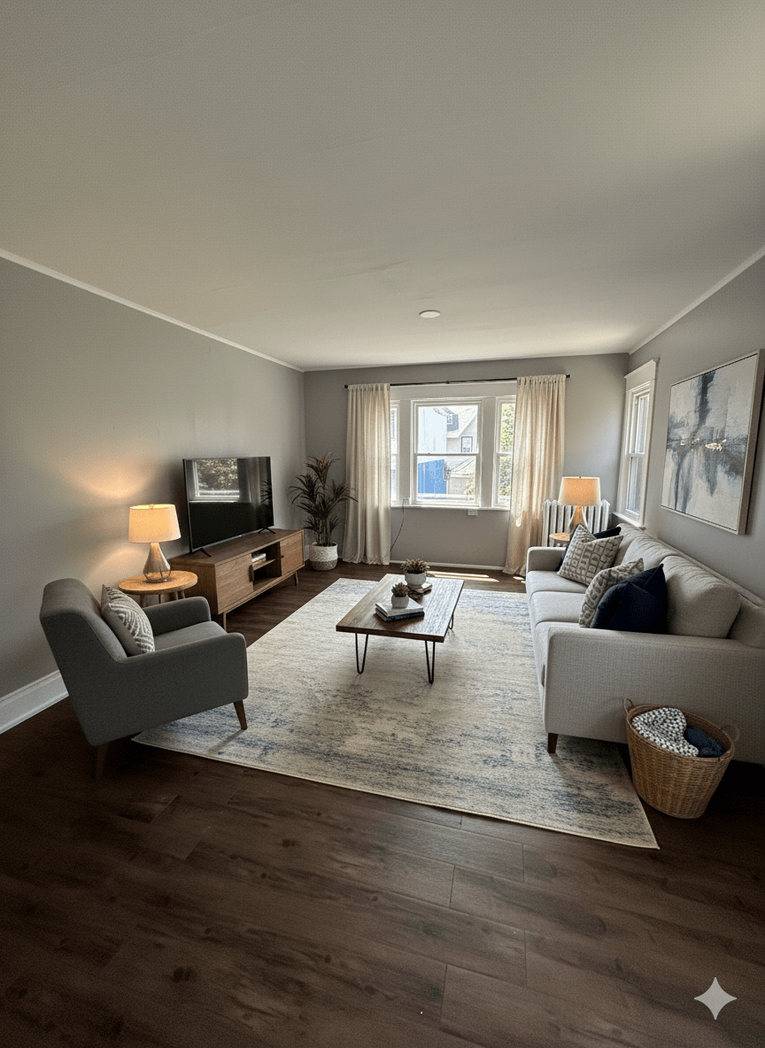 A living room with a grey sofa, a grey armchair, a wooden coffee table, and a large window with curtains.