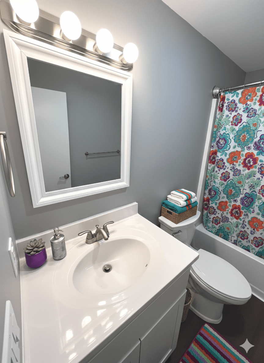 A bathroom with a white sink and a mirror with lights above it.