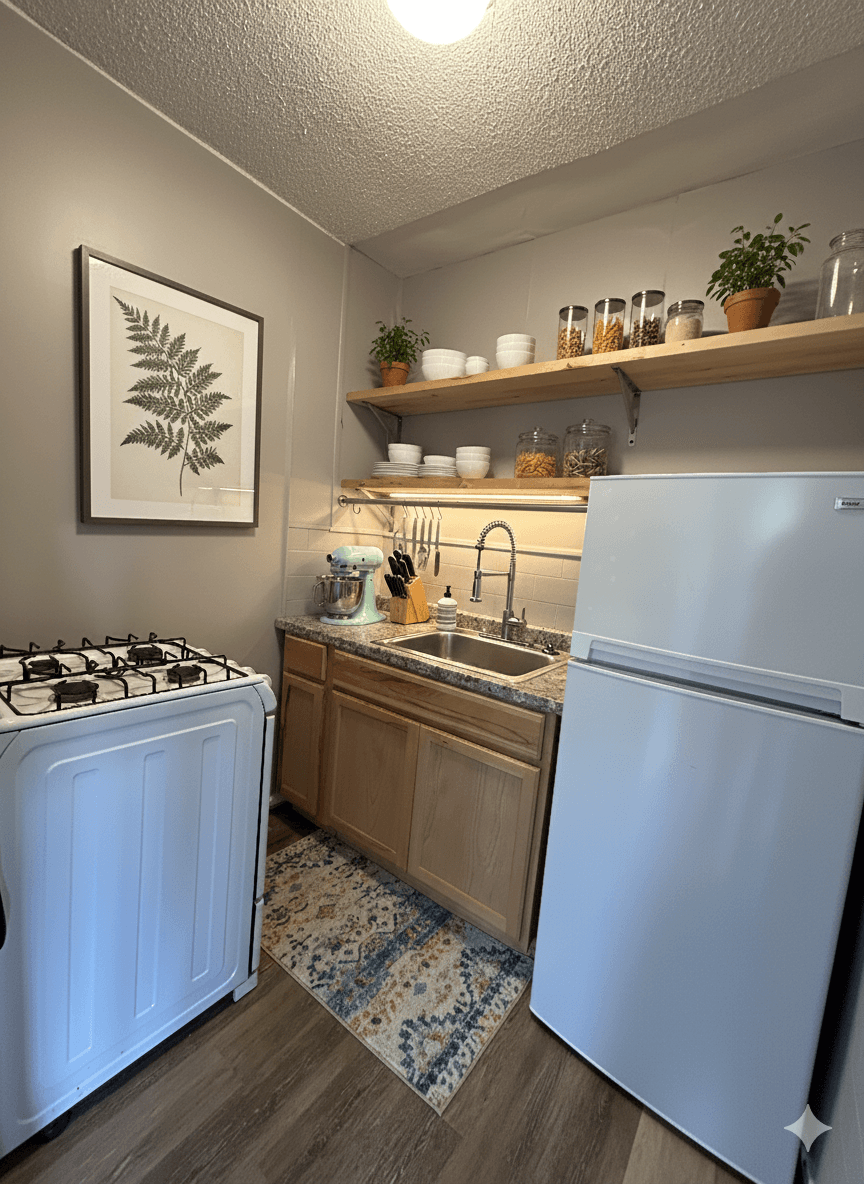 A kitchen with a white refrigerator, a white stove, and a white dishwasher.