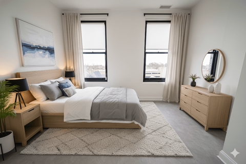 A bedroom with a large bed, a side table, and a dresser.