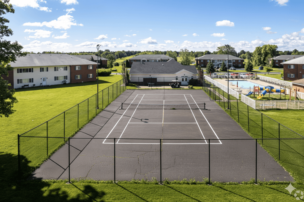 A tennis court surrounded by a fence with buildings in the background.