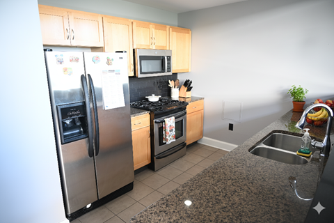 A kitchen with a refrigerator, microwave, oven, sink and a potted plant.