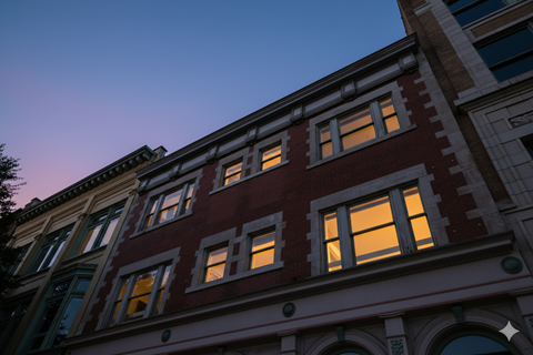 A row of buildings with windows lit up at dusk.