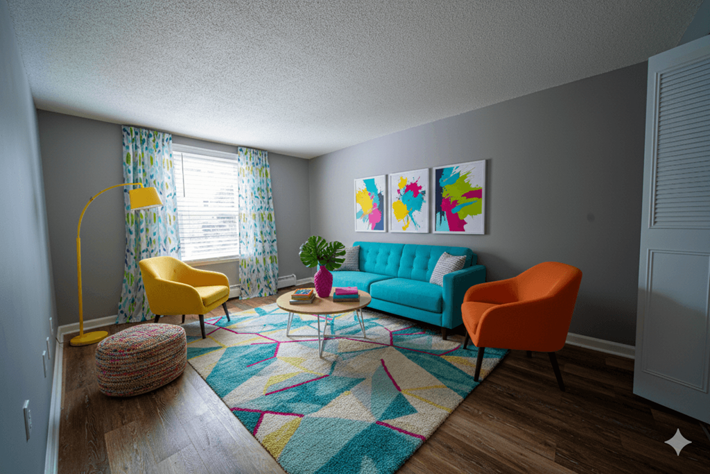 A living room with a blue couch, yellow chair, and a rug.