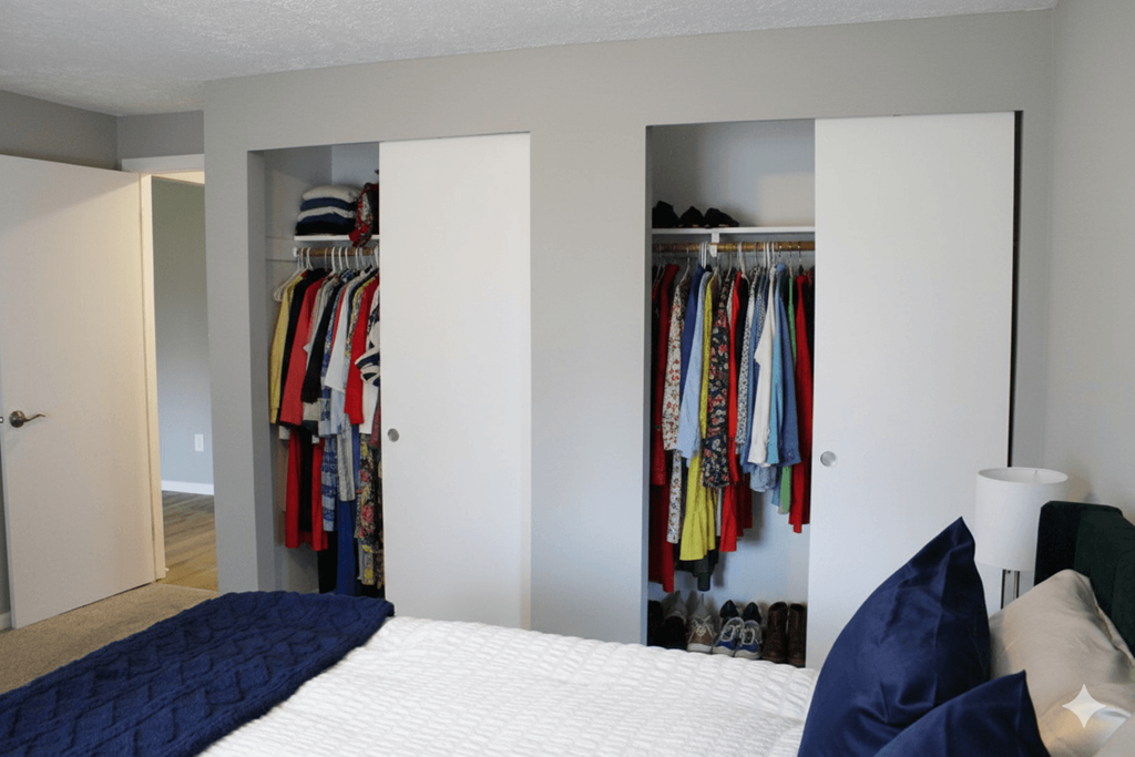 A bedroom with a bed, pillows, and a closet with clothes.