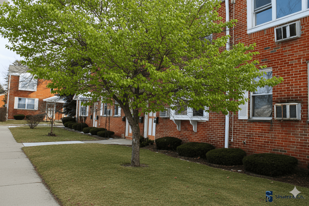 A tree with green leaves stands in front of a red brick building.