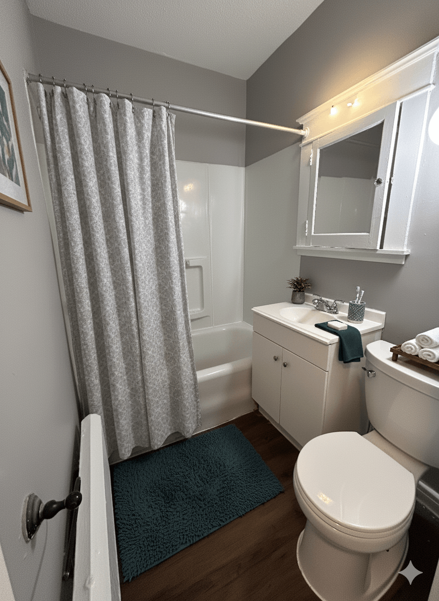A white bathroom with a blue rug on the floor.